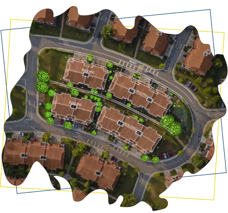 Aerial satellite view of a residential property with site plan overlay showing property boundary lines and lot dimensions — created online without a site visit